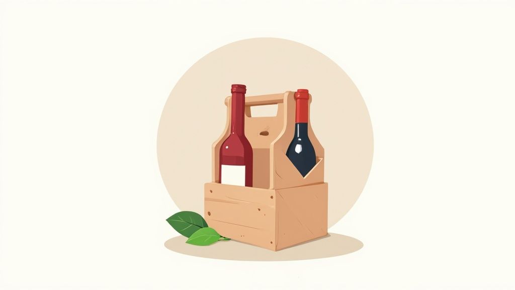 A beautifully wrapped red wine bottle next to a corkscrew and two glasses.