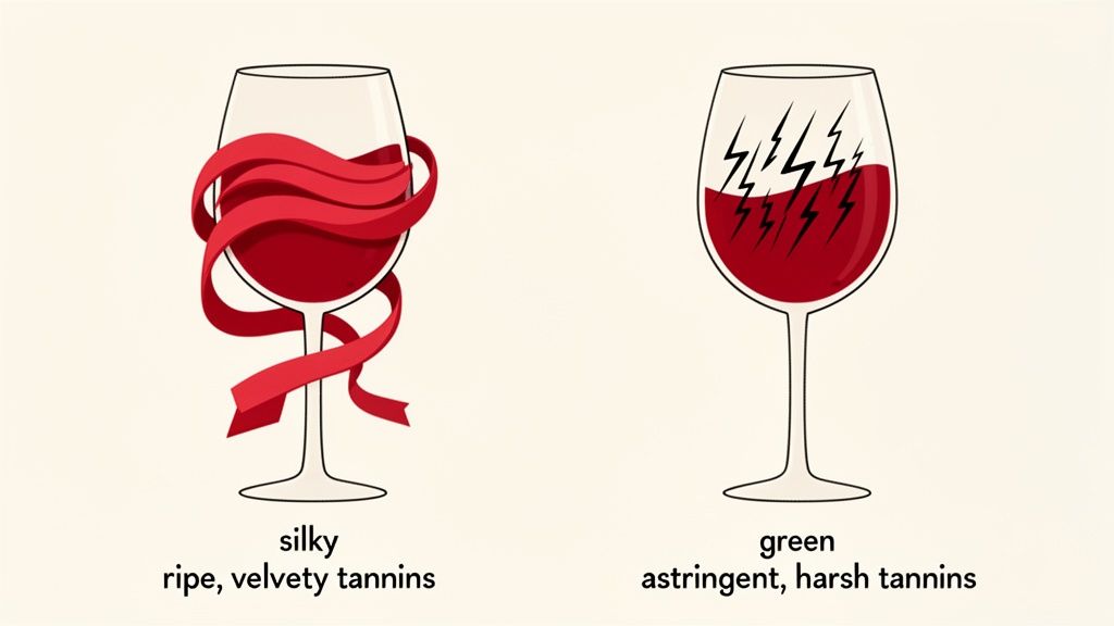 Two wine glasses illustrate different tannin types: silky, ripe, velvety versus green, astringent, harsh tannins.
