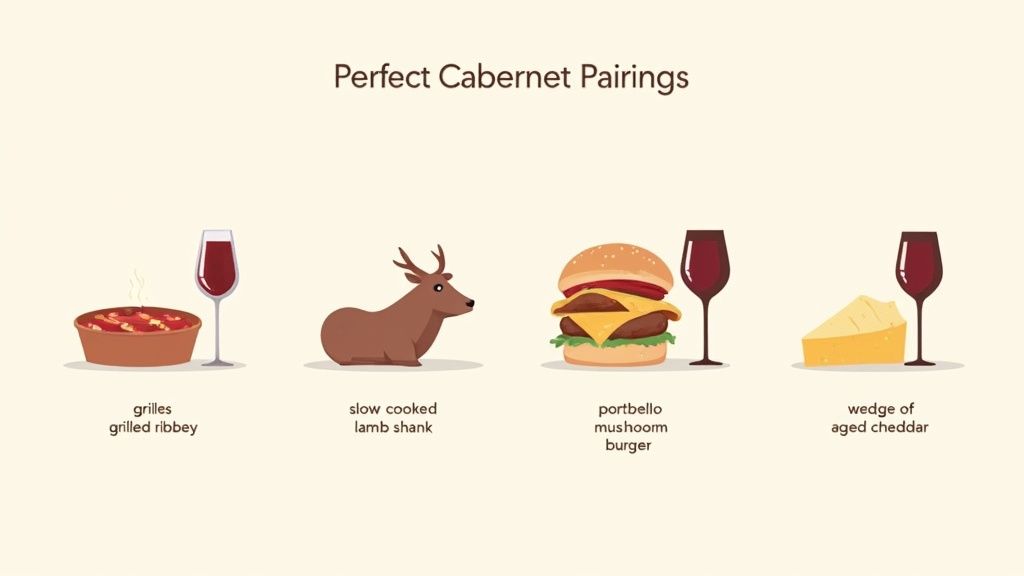 A perfectly grilled steak is sliced and ready to be served alongside a glass of Cabernet Sauvignon.