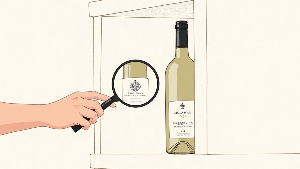 A hand holding a glass of red wine against a backdrop of vineyard barrels