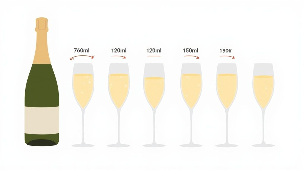 Illustration showing a champagne bottle and six flutes with various volumes (760ml, 120ml, 150ml, 190ml) of champagne.