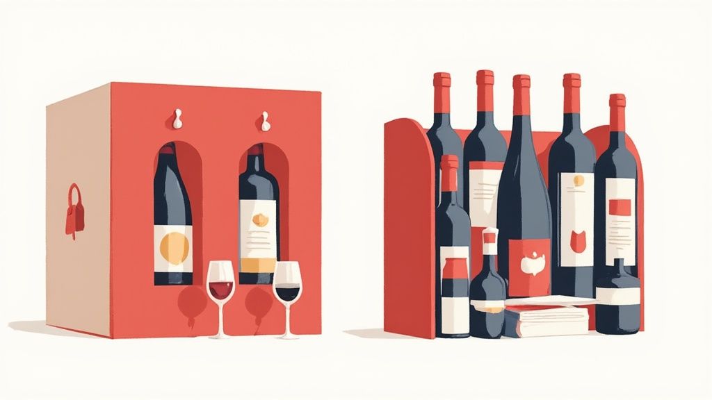 A festive scene with a wine advent calendar open, showing small bottles of red and white wine.