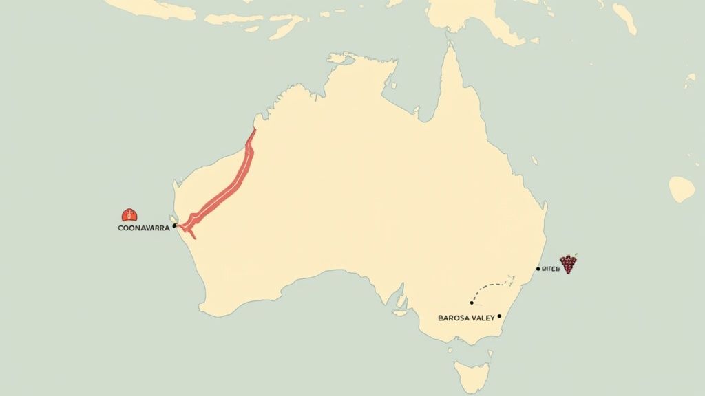 A scenic view of an Australian vineyard, with rows of vines leading towards distant hills under a clear blue sky.