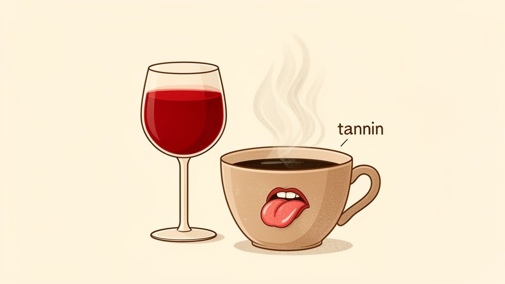 Illustration of a glass of red wine and a steaming coffee cup with a mouth showing the effect of tannin.