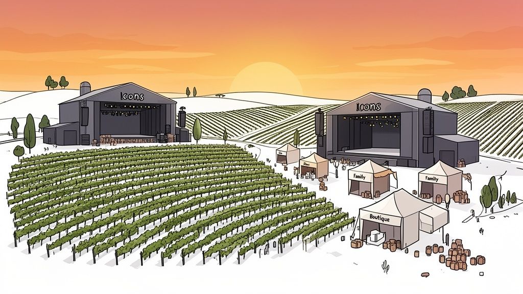 An outdoor concert venue at a vineyard with two large stages and market tents, bathed in sunset light.