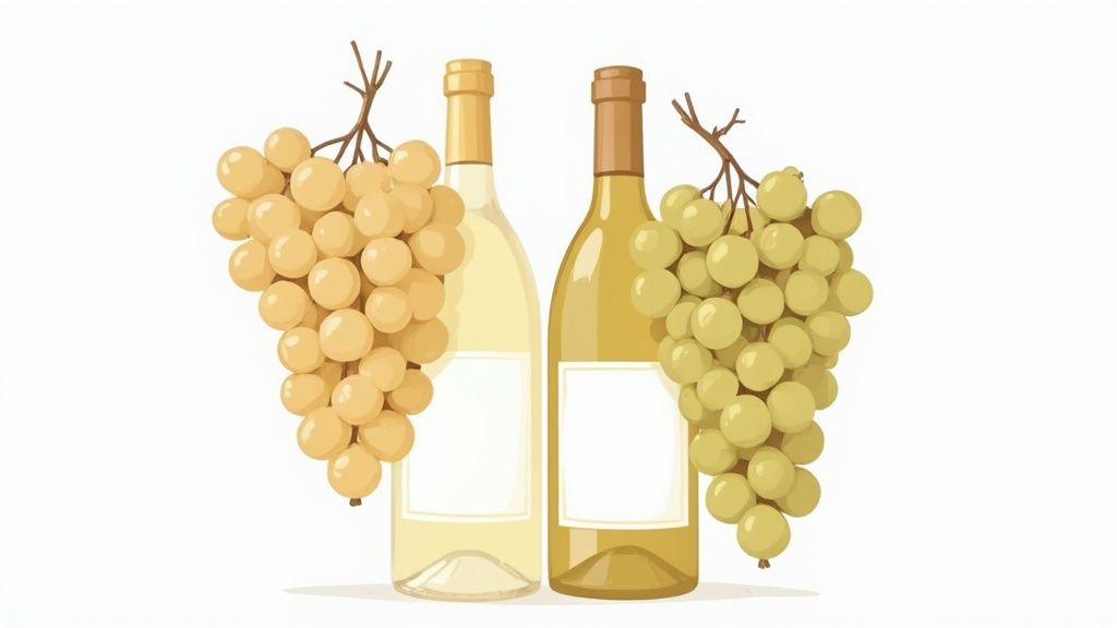 Two bottles of white wine, one light and one golden, with bunches of green grapes.