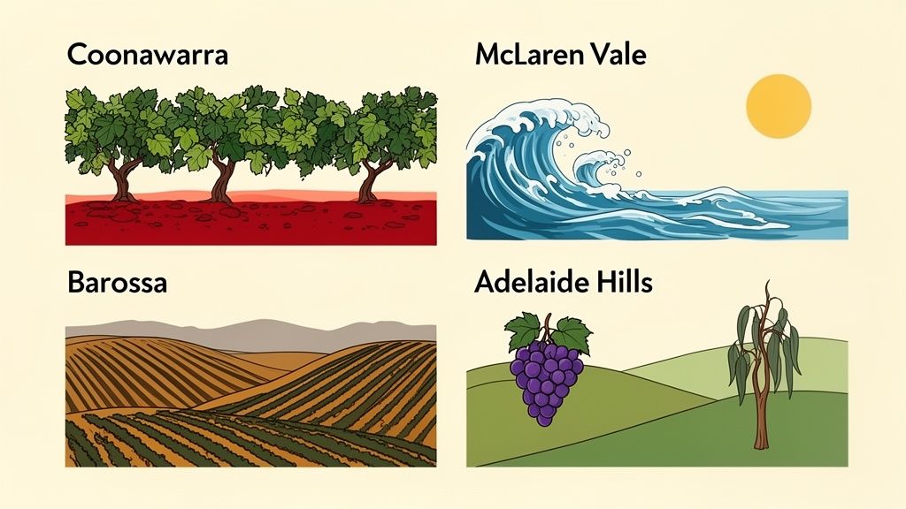 Illustrations of four distinct South Australian wine regions: Coonawarra, McLaren Vale, Barossa, and Adelaide Hills.