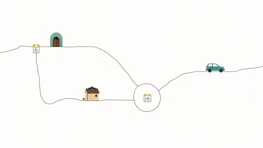 Minimalistic map showing a journey with a house, teal car, archway building, and calendar icons.