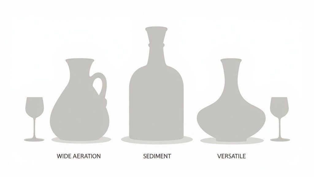 Silhouettes of three distinct wine decanter types: wide aeration, sediment, and versatile, alongside wine glasses.
