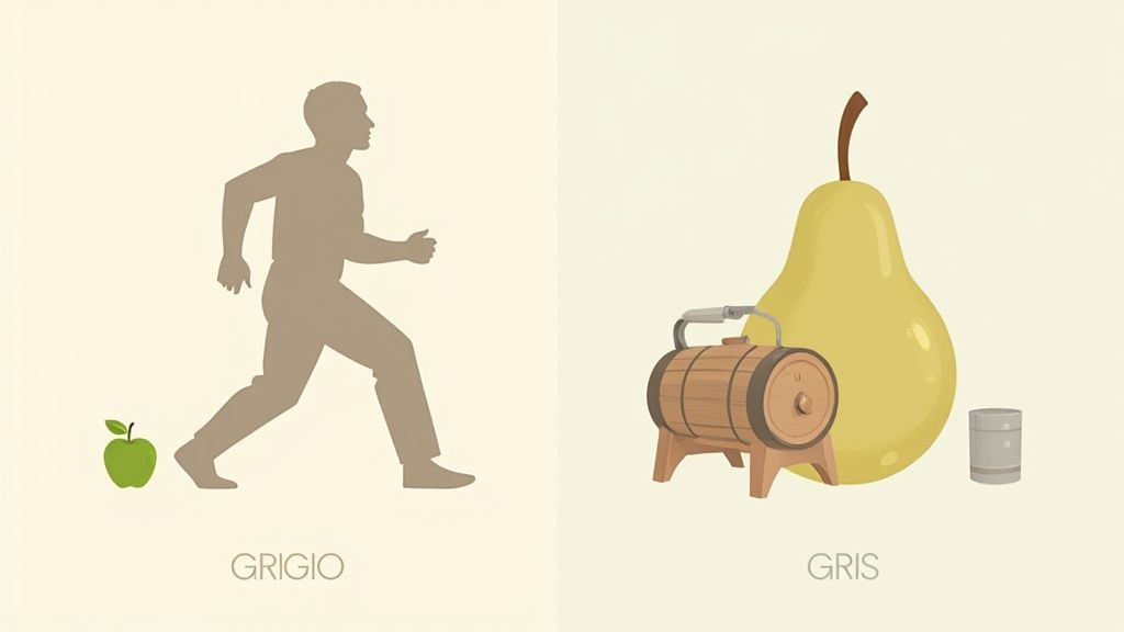 Two wine glasses with Pinot Gris wine on a table with appetizers.