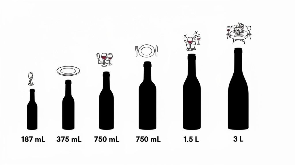 Visual guide to wine bottle sizes and capacities, from 187 mL to 3 L, for different occasions.