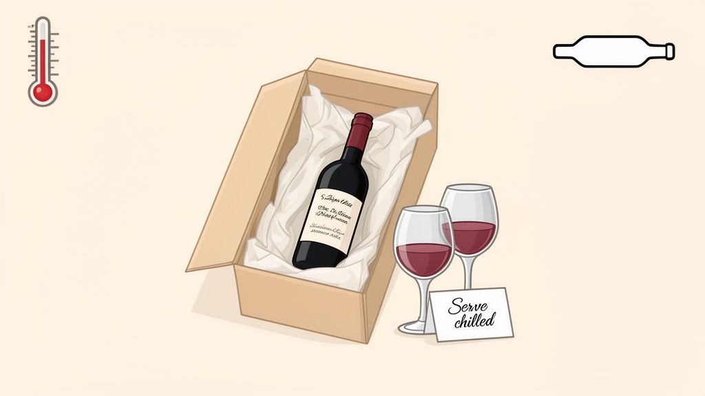 A personalized bottle of red wine in a box, with two glasses and a 'serve chilled' sign.