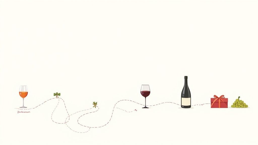 Minimalist illustration of a dotted path connecting wine glasses, bottle, a gift box, and grapes.