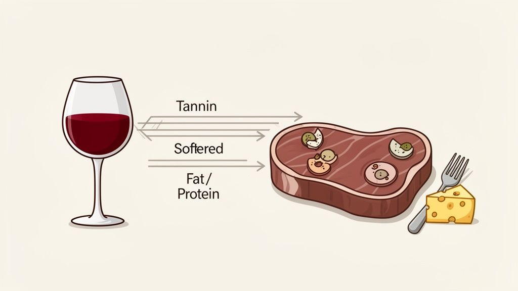 Illustration showing red wine interacting with meat and cheese, explaining how tannins are softened by fat and protein.