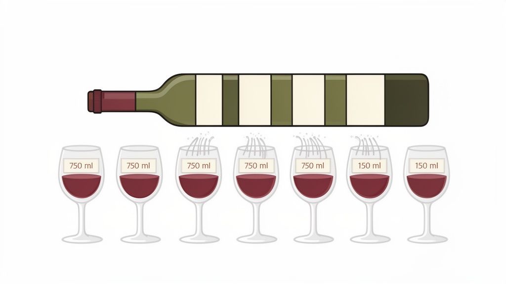 An illustration showing a wine bottle above seven glasses, some holding 750ml, others 150ml of red wine.