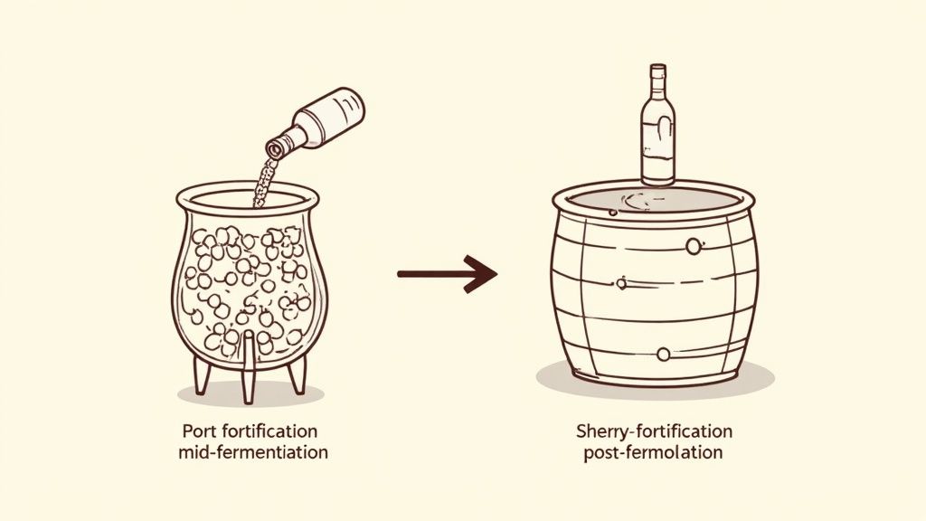 Barrels of Port and Sherry aging in a cellar, showing different environments