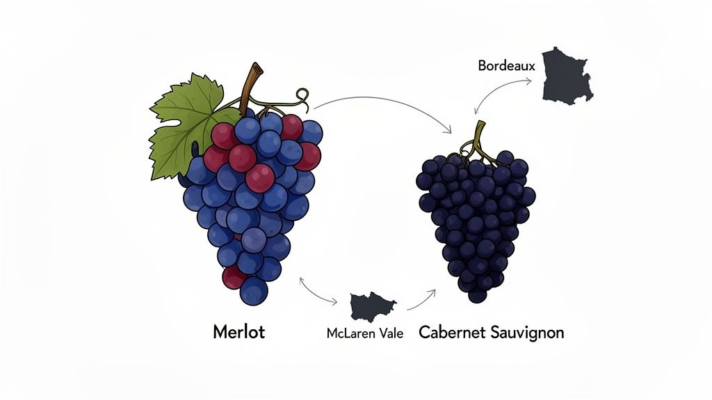 An illustration comparing Merlot and Cabernet Sauvignon grapes, with arrows indicating their origins in Bordeaux and McLaren Vale.