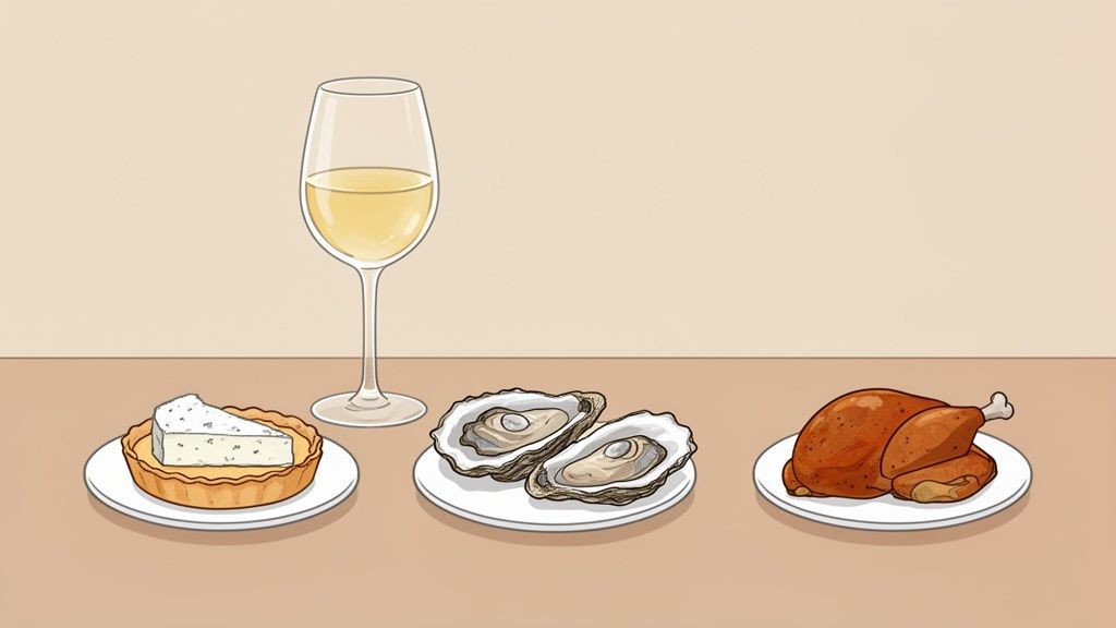 A glass of white wine, a cheese tart, two oysters, and a roasted chicken on a table.
