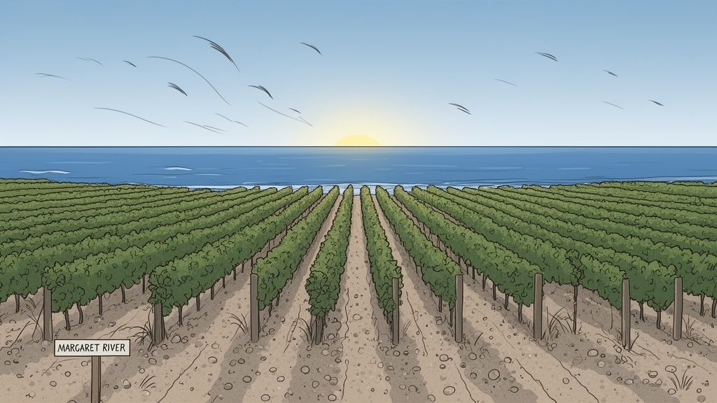 A scenic vineyard overlooking the ocean at sunset, with a 'Margaret River' sign.