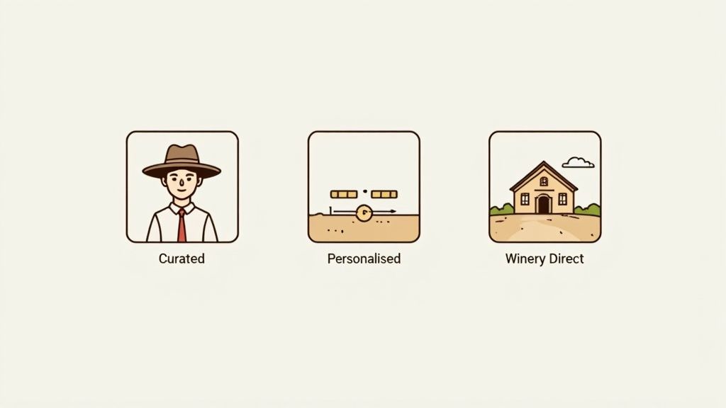 Three wine subscription service types illustrated: curated sommelier, personalized algorithm, and winery direct options
