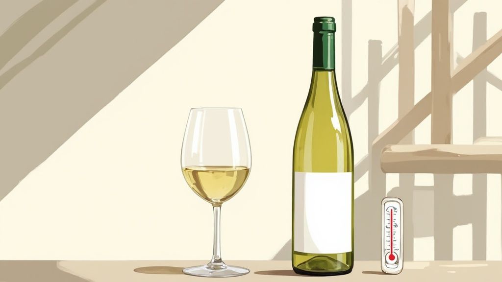An illustration showing a bottle of white wine, a glass of wine, and a thermometer.