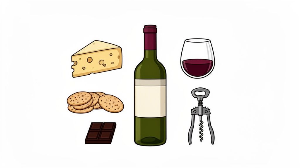 An assortment of wine pairing items including cheese, crackers, chocolate, a wine bottle, glass, and corkscrew.