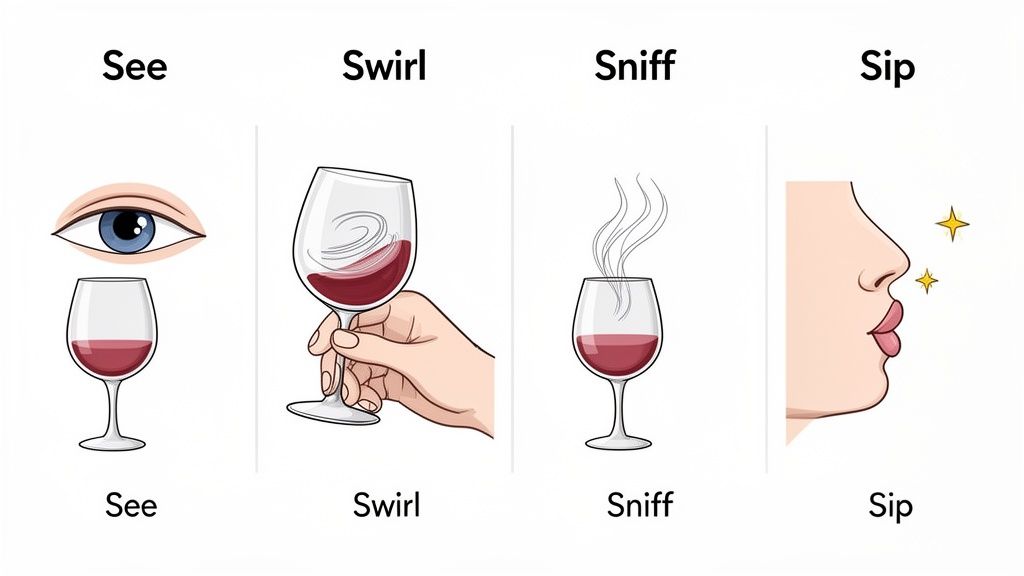 Illustrations showing the four steps of wine tasting: see, swirl, sniff, and sip.