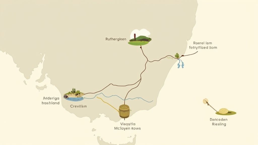 An illustrative map showcasing various wine regions and production elements in Australia, including Rutherglen and Riesling.