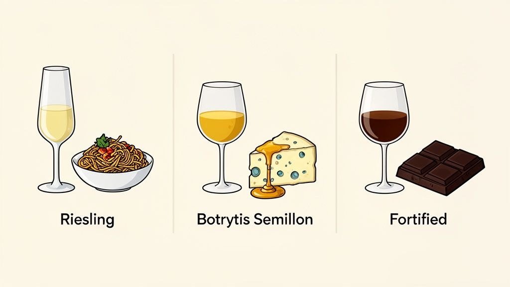 Three illustrations show sweet wine pairings: Riesling with spaghetti, Botrytis Semillon with blue cheese and fortified wine with dark chocolate.