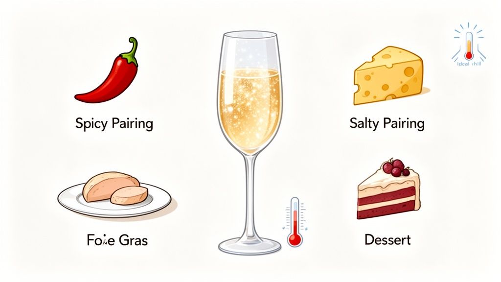 A champagne flute with sparkling wine is surrounded by food pairings: chili, cheese, foie gras, and dessert.