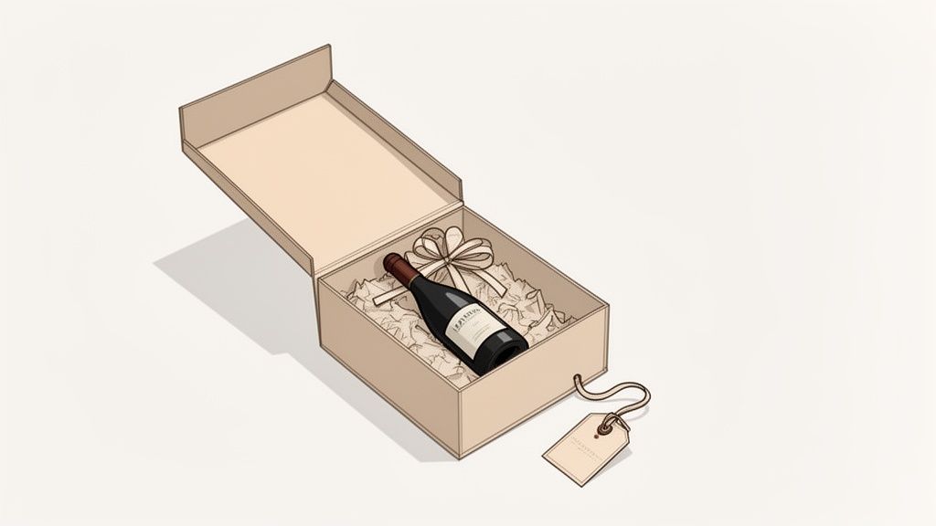 An open beige gift box contains a bottle of red wine, crumpled tissue paper, a decorative ribbon, and a dangling gift tag.