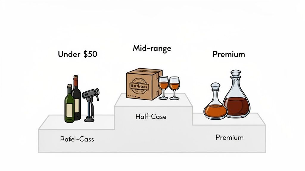 A tiered display of wine gifts: bottles and opener (under $50), a half-case and glasses (mid-range), and premium decanters.