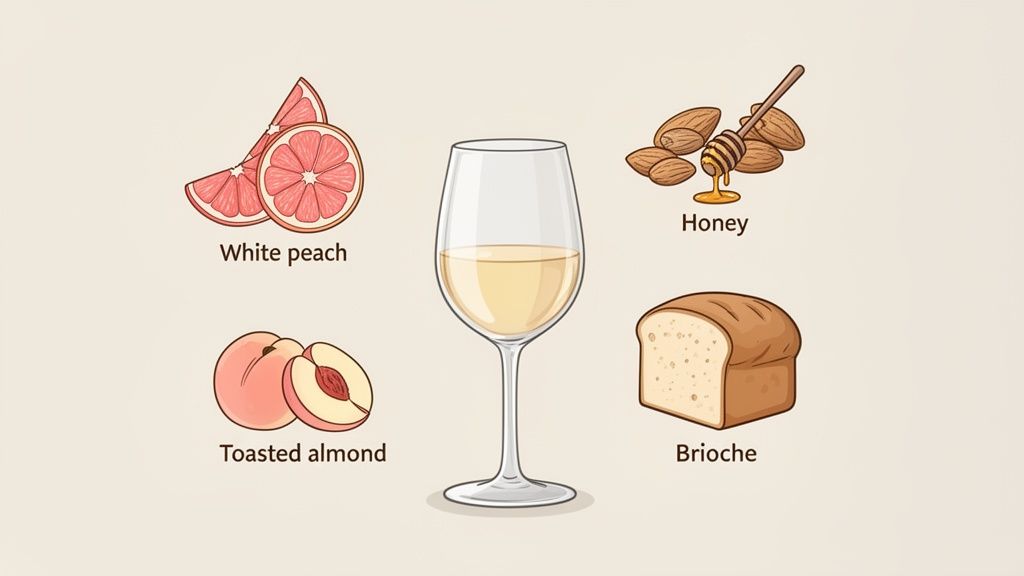 A glass of white wine with illustrated flavor notes of white peach, toasted almond, honey, and brioche.