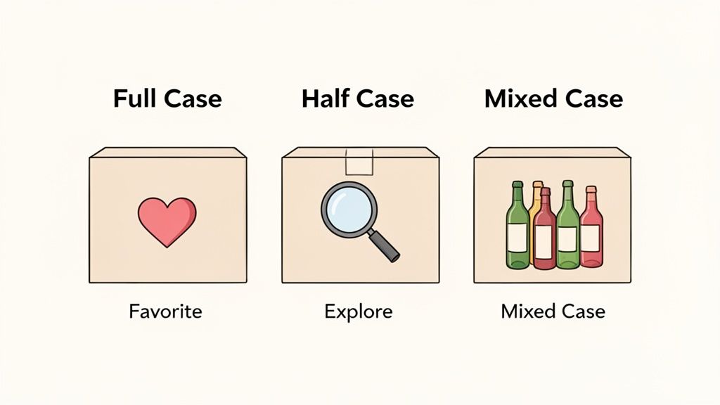 Visual guide illustrating three wine buying options: Full Case, Half Case, and Mixed Case.