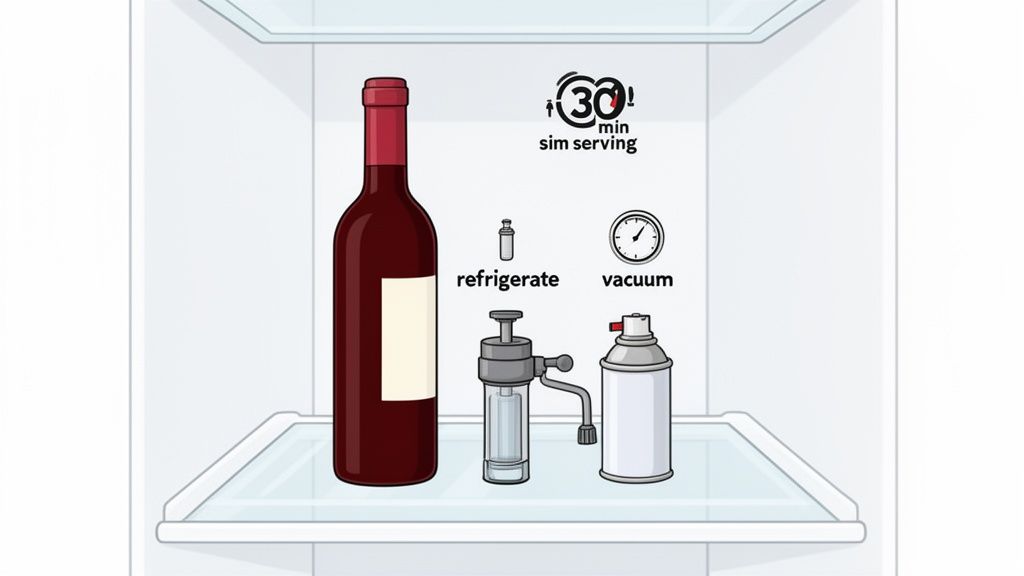 Illustration of red wine bottle inside a refrigerator with wine preservation tools and instructions.