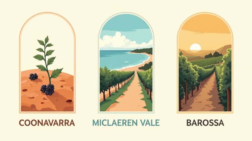 A panoramic view of a South Australian vineyard with rows of grapevines leading towards rolling hills, under a bright sun.