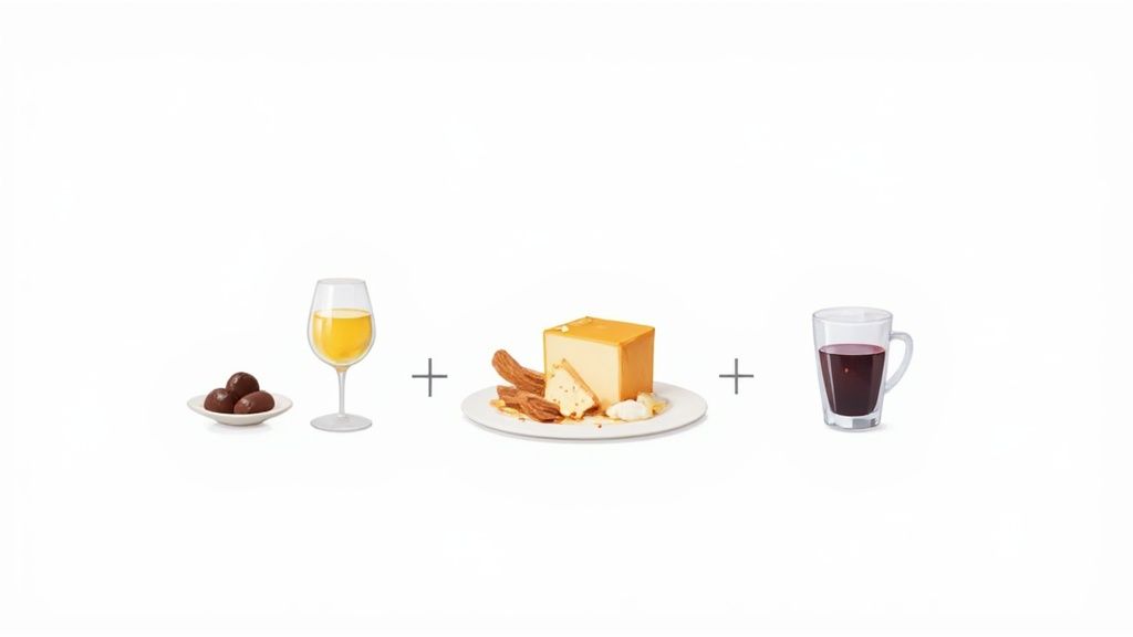 An arrangement of dessert wine, cheese, chocolate truffles, and a berry drink for pairing.
