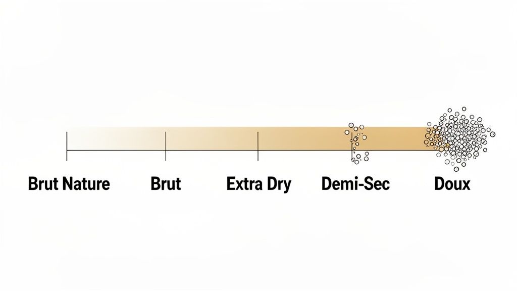 A sparkling wine sweetness scale showing categories from Brut Nature to Doux, with a visual gradient.
