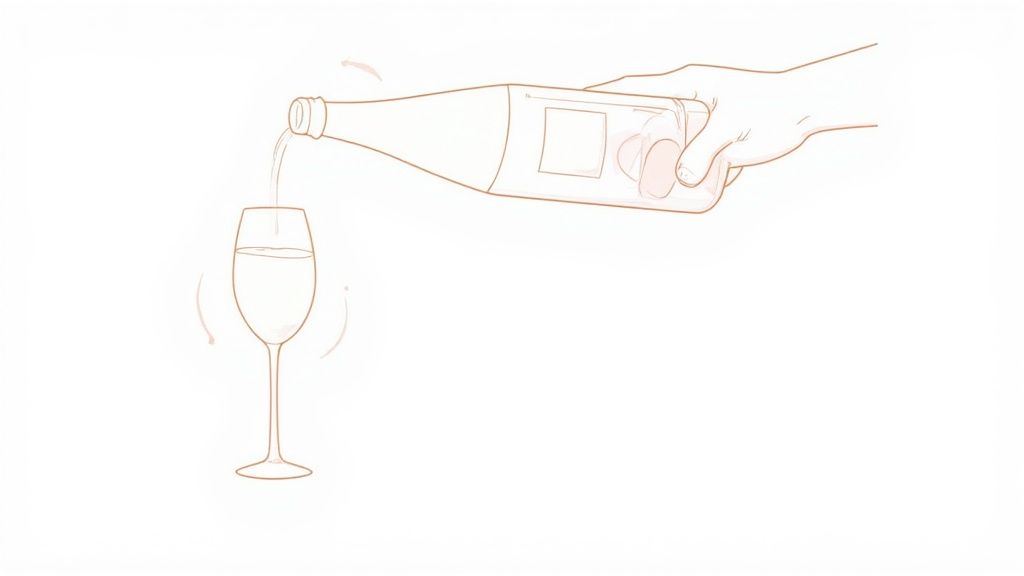 A person pouring champagne into a glass at the correct angle.