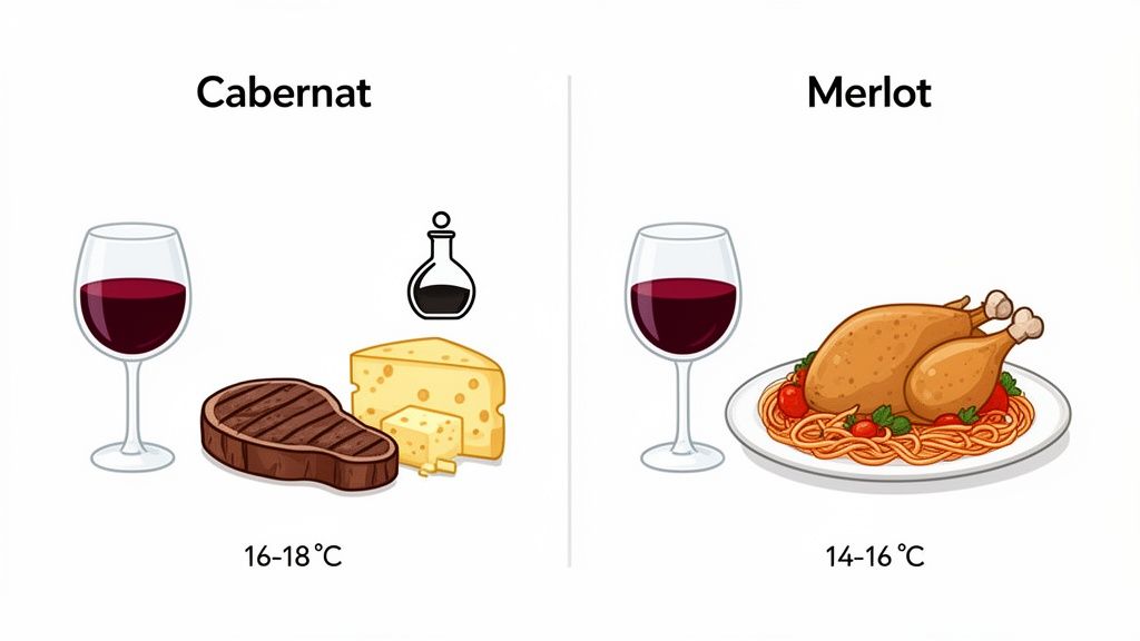 An infographic comparing Cabernet and Merlot wines with their ideal food pairings and serving temperatures.