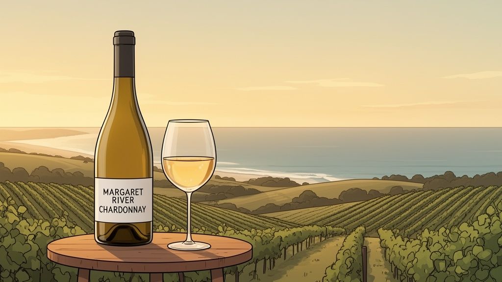 A bottle of Margaret River Chardonnay and a glass of white wine overlooking a vineyard and ocean at sunset.