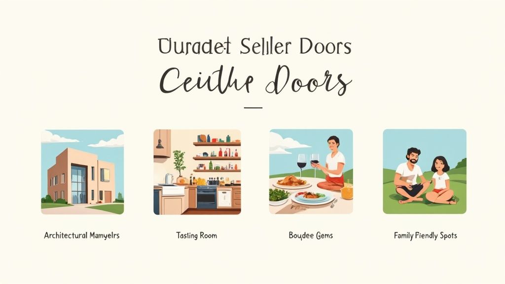 A vibrant image showcasing a modern cellar door in McLaren Vale with guests enjoying wine tastings outdoors