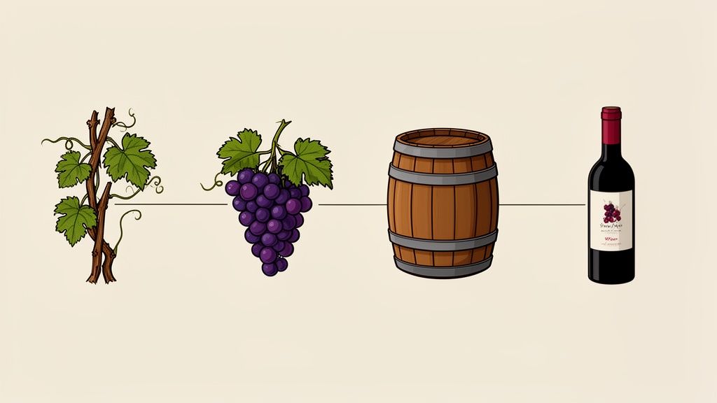 An illustration depicting the journey from grape vine to grapes, then barrel, and finally a bottle of red wine.