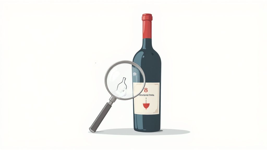 Illustration showing a wine bottle next to a magnifying glass inspecting its label and contents.