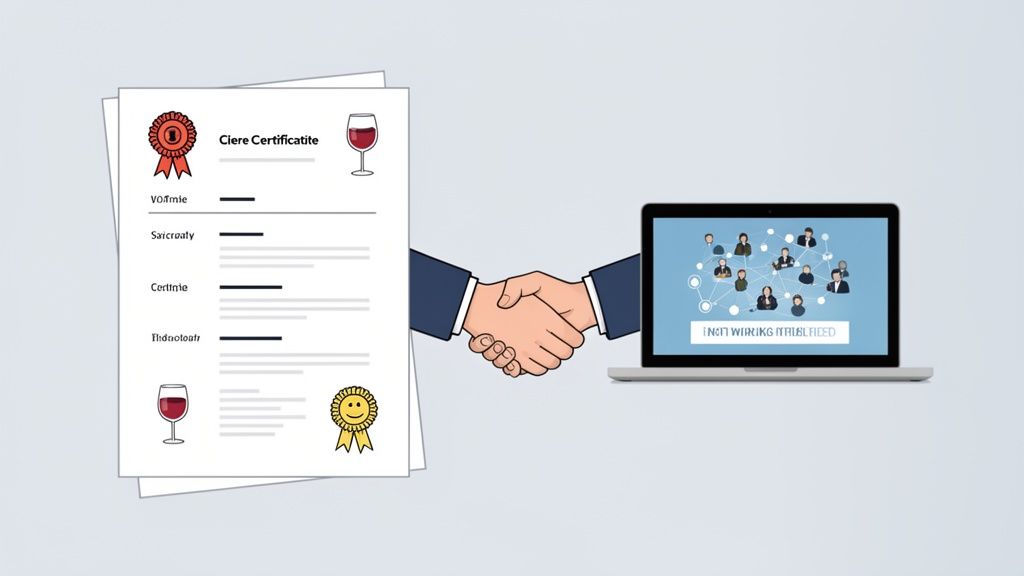 A sommelier certificate with wine glasses, a handshake, and a laptop displaying a professional network.