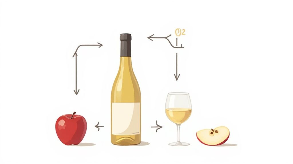 Diagram illustrating how white wine is made from apples and the effect of oxygen on it.