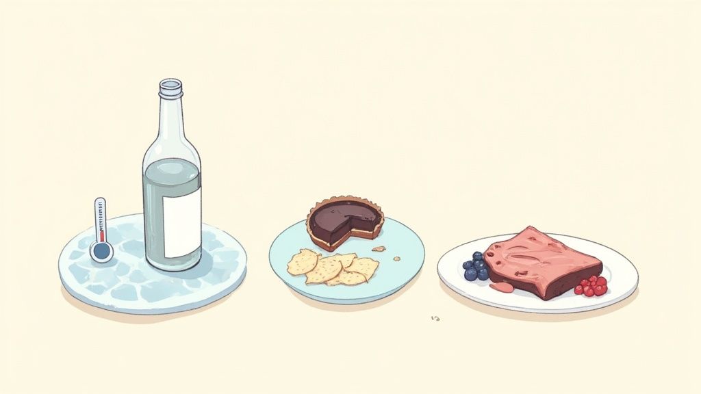 Three illustrations: a cold bottle with a thermometer, a chocolate tart with crackers, and meat with berries.