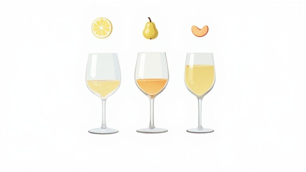 Three wine glasses with different white wines paired with lemon, pear, and peach fruits