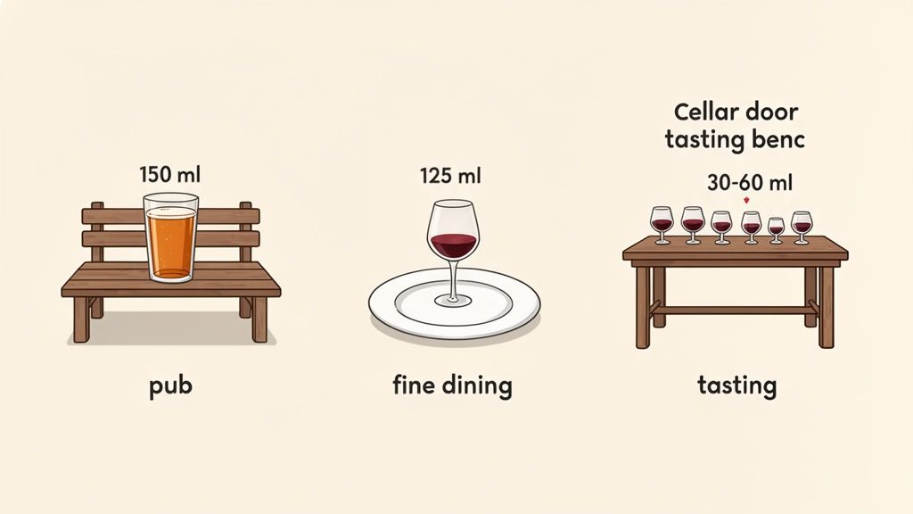 Illustration of varying drink volumes: 150ml pub beer, 125ml fine dining wine, and 30-60ml tasting pours.