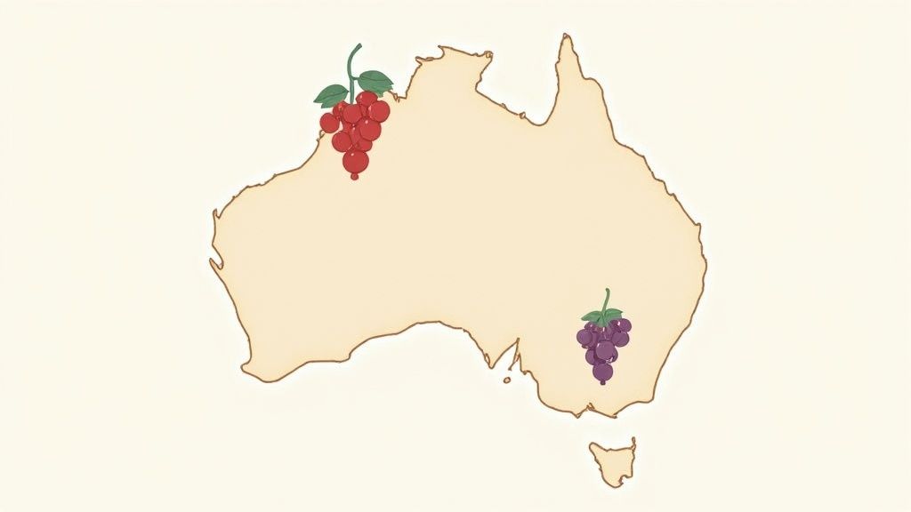 Vast vineyards under a sunny sky, representing Australian wine regions.